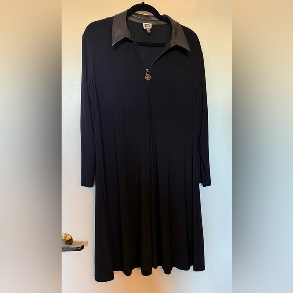 NWOT Anne Klein Black Dress with Faux Leather Collar - Picture 1 of 6